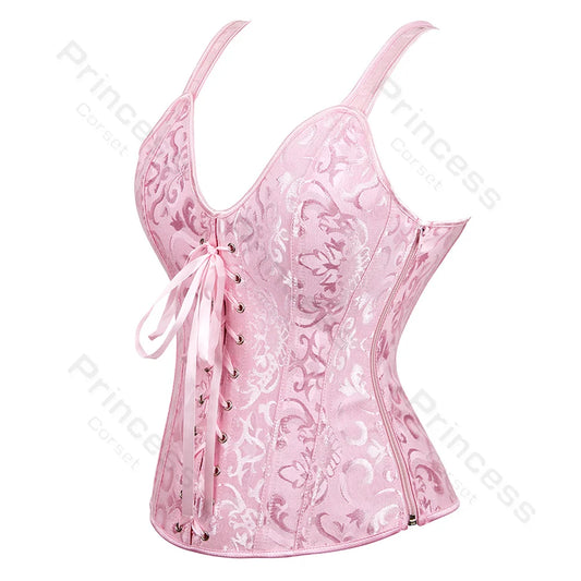 Pink Corset Bustier Top Victorian Overbust Corset with Lace