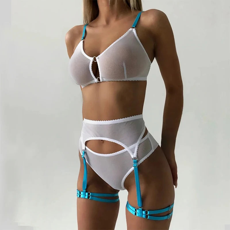 Mesh Pantiesand Bra with neon Garters Set