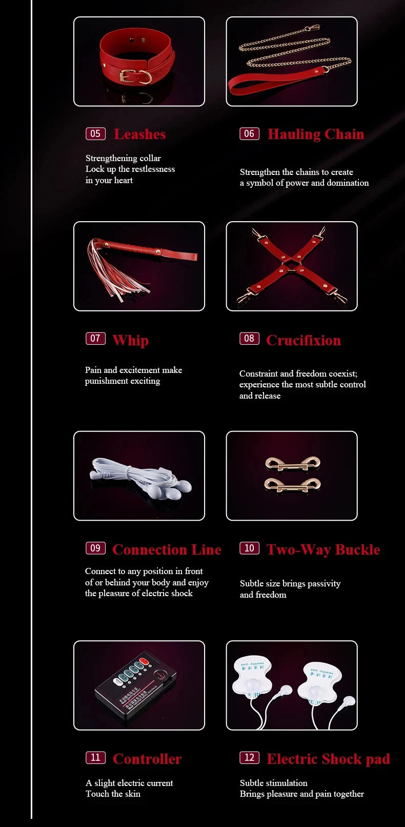 BDSM Bondage Restraints Electric Shock Set Mouth Gag Handcuffs Ankle Cuffs Collar Eyepatch Whip Bondage Ties Kits Adult Sex Toys