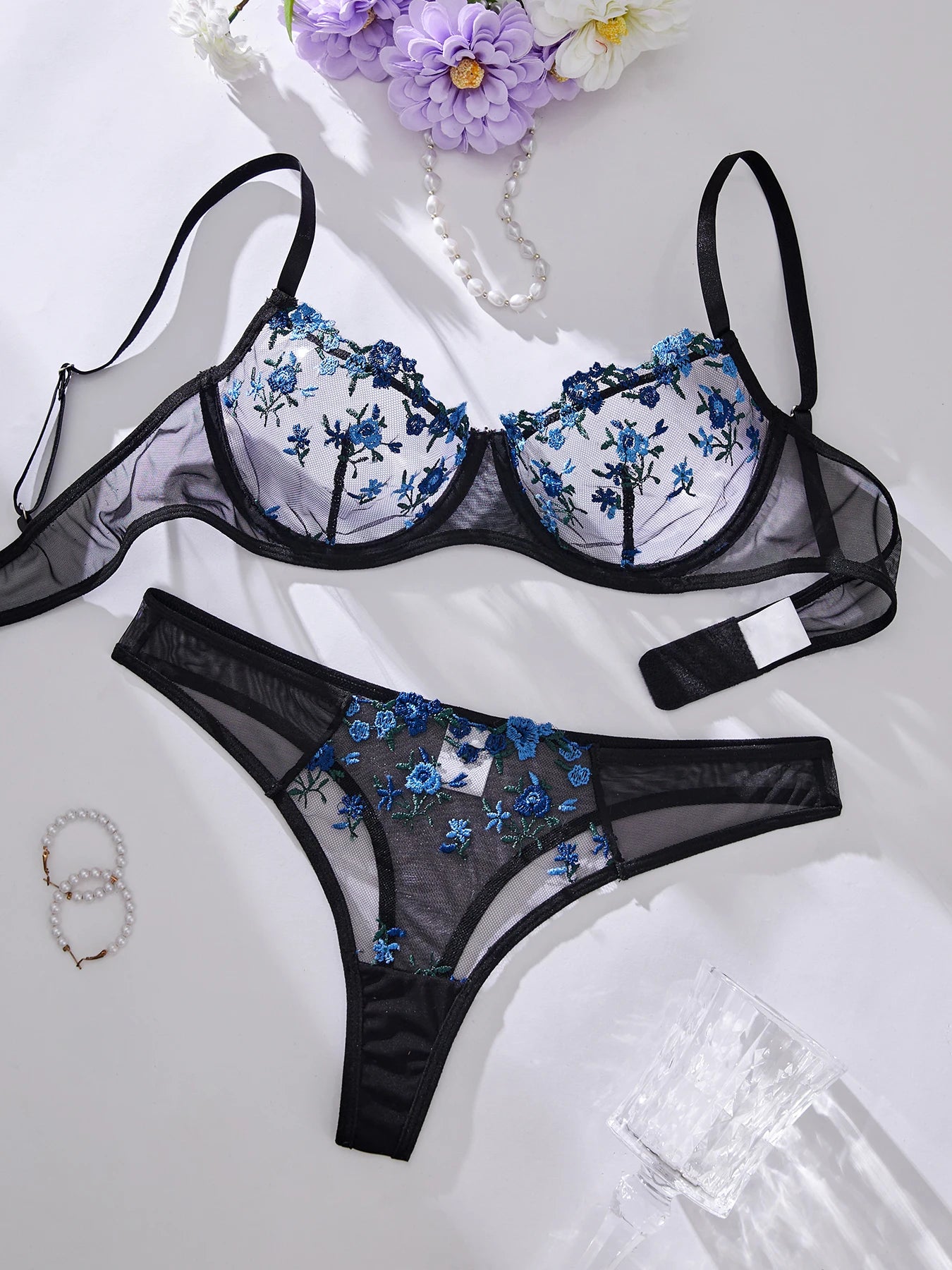 Embroidery and Floral Bra And Panties Set
