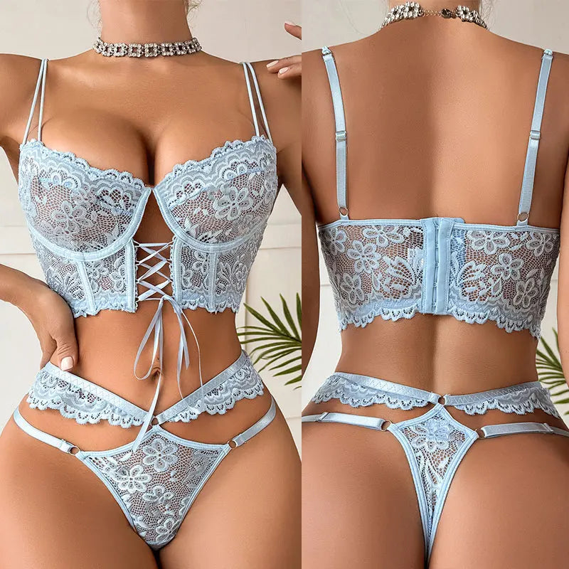 Lingerie Black Lace Bra & Brief Set - Sensual See-Through with Floral Accents