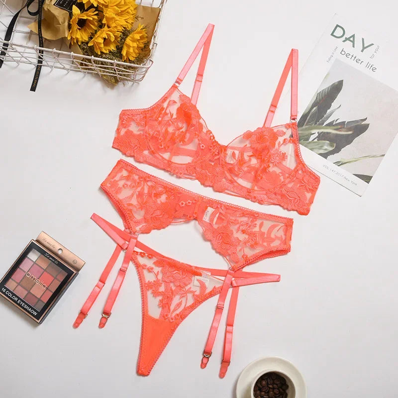 Floral Lace Open Cup Bra & Thong Set - 3 Piece Sheer Embroidery Underwear