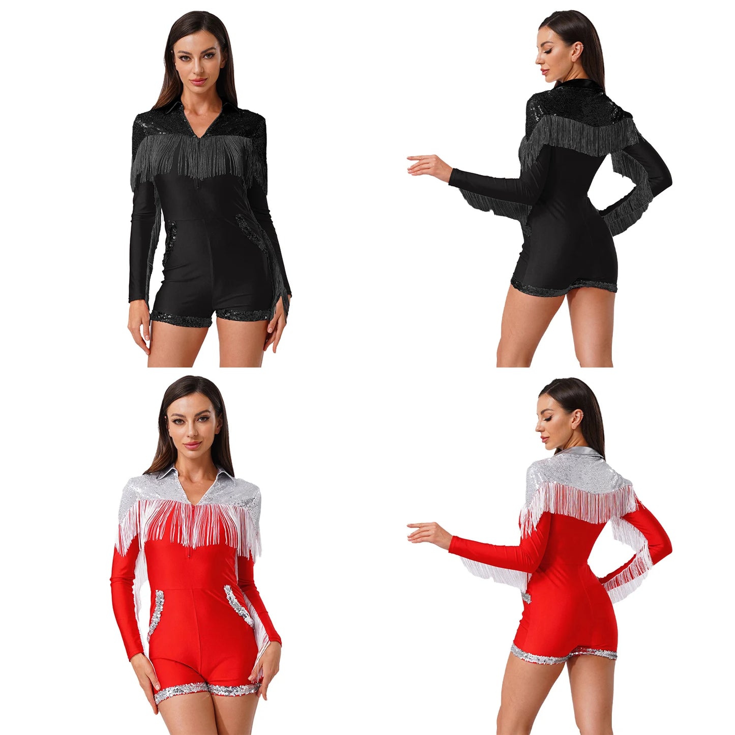 Womens Sparkly Western Cowgirl Cosplay Costume 70s 80s DiscoBodysuit Playsuit Front Zip Tassel Fringe Sequins Boyshorts Rompers