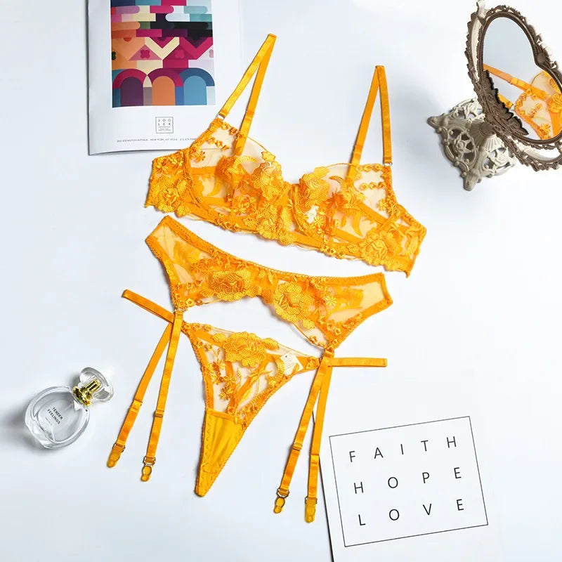 Floral Lace Open Cup Bra & Thong Set - 3 Piece Sheer Embroidery Underwear