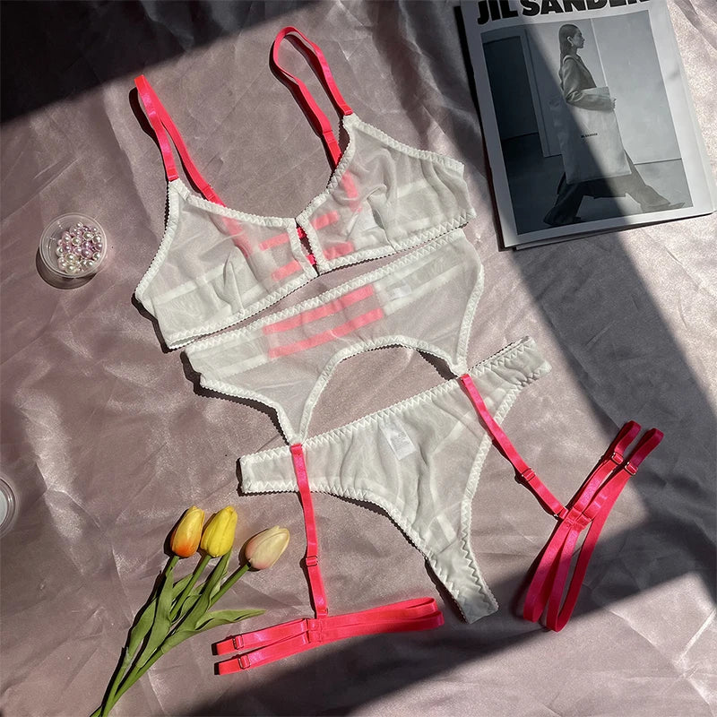 Mesh Pantiesand Bra with neon Garters Set