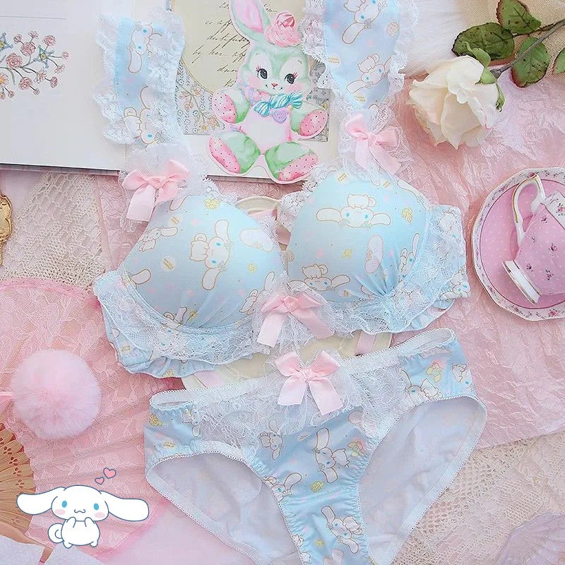 Women Bra Panties Set Cartoon Sanrios Girl's Wireless Lace Bra