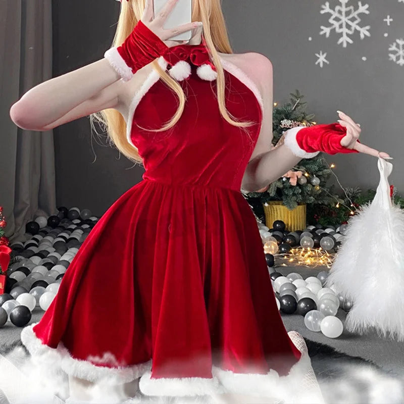 Women Christmas Red Dress Sexy Lady Santa Claus Cosplay Costume Sexy Lingerie Winter Red Dress Bunny Cosplay Girls Uniform
