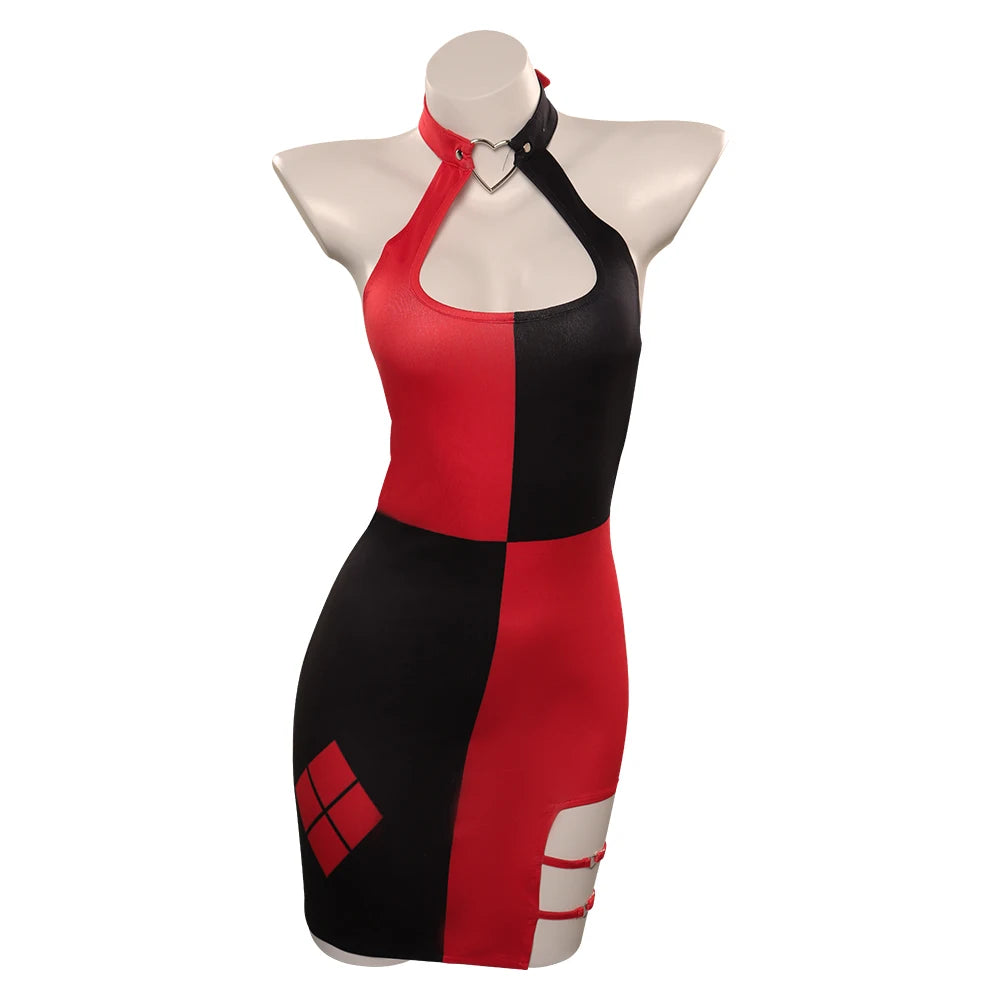 Quinzel Cosplay Sexy Bodycon Mini Dress Women Costume Movie Super Villain Roleplay Fantasia Outfit Backless Ropa Woman Halloween