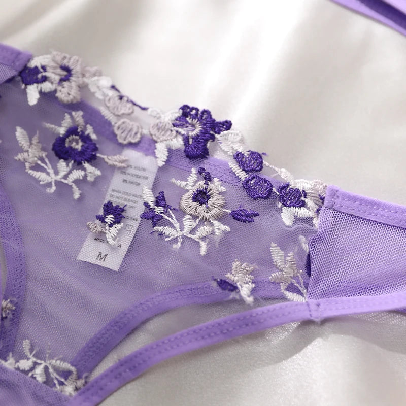 Purple Embroidery Sexy Lingerie Set Hot Semi-Sheer Temptation Bra And Panties Sets