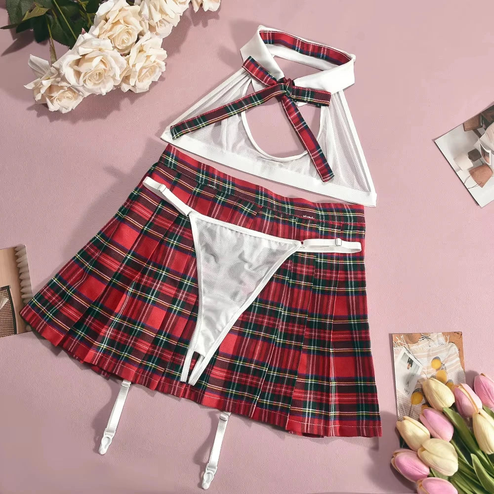 Schoolgirl Nightdress Lace Bra Plaid Skirts and Garters Stockings set