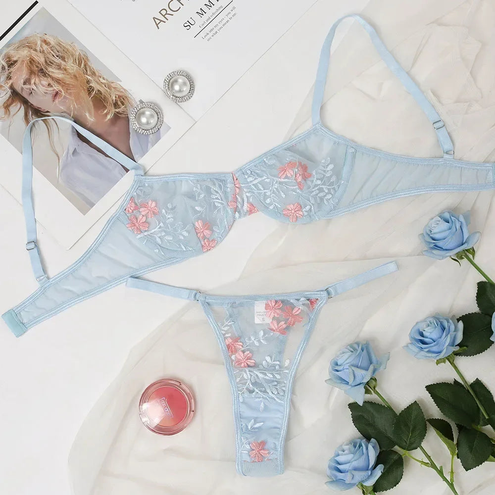 Blue Floral Embroidery Bra and Panty Set