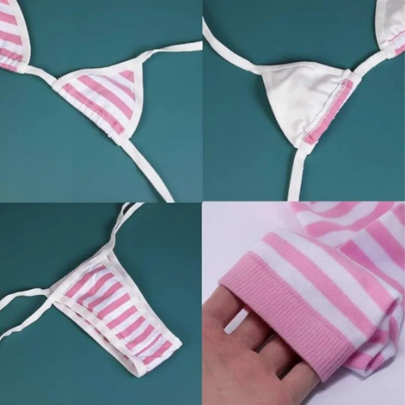 Pink and white striped Bikini Bra And Panty Set with matching Socks