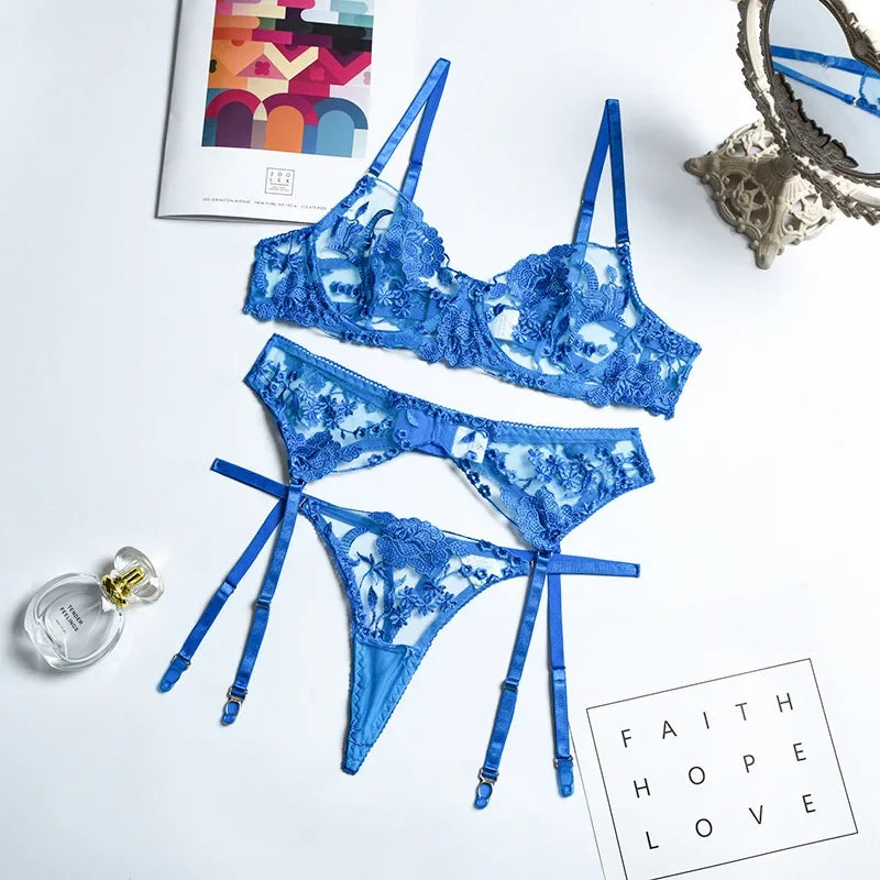 Floral Lace Open Cup Bra & Thong Set - 3 Piece Sheer Embroidery Underwear