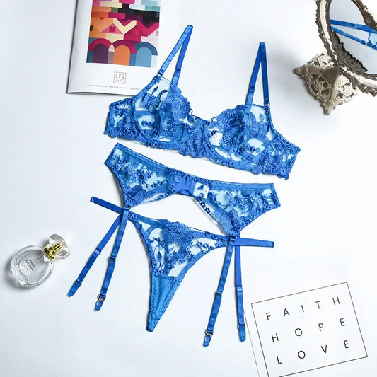 Floral Lace Open Cup Bra & Thong Set - 3 Piece Sheer Embroidery Underwear
