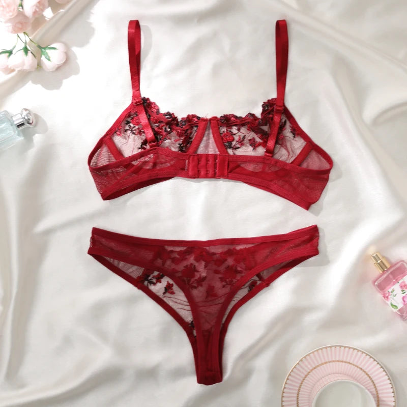 Purple Embroidery Sexy Lingerie Set Hot Semi-Sheer Temptation Bra And Panties Sets