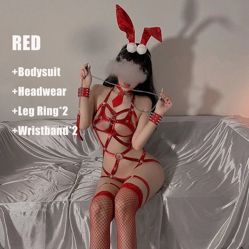 Bdsm PU Leather Bondage Hollow Out Bodysuit with Headband Erotic Sexy Lingerie Women Bunny Girl Cosplay Costumes Uniform