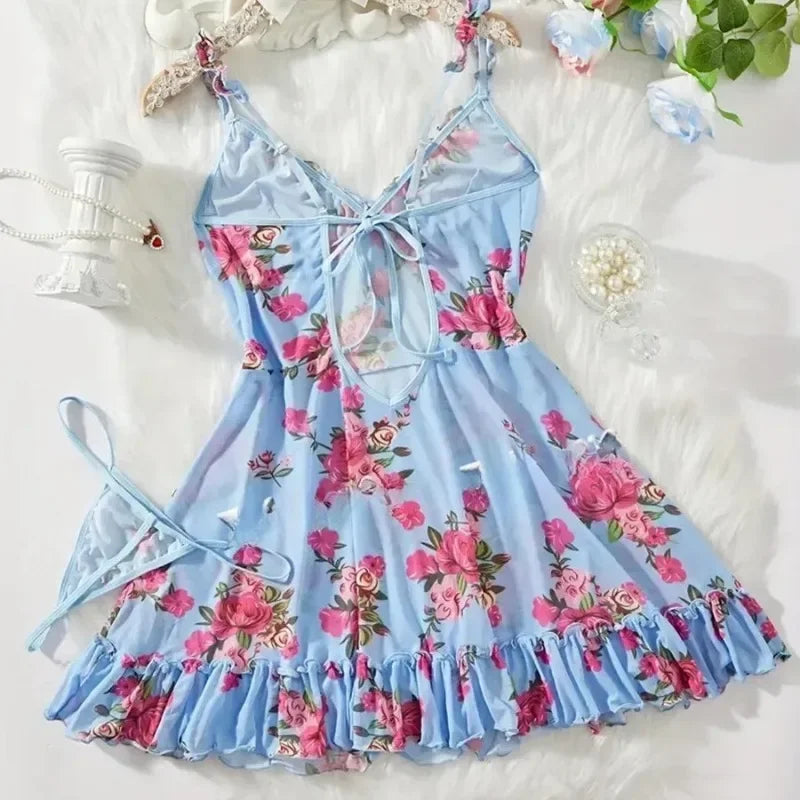 Lace Ruffle Trim Lingerie Set Deep V Slip Dress Thongs Plus Size Floral Bow Bra