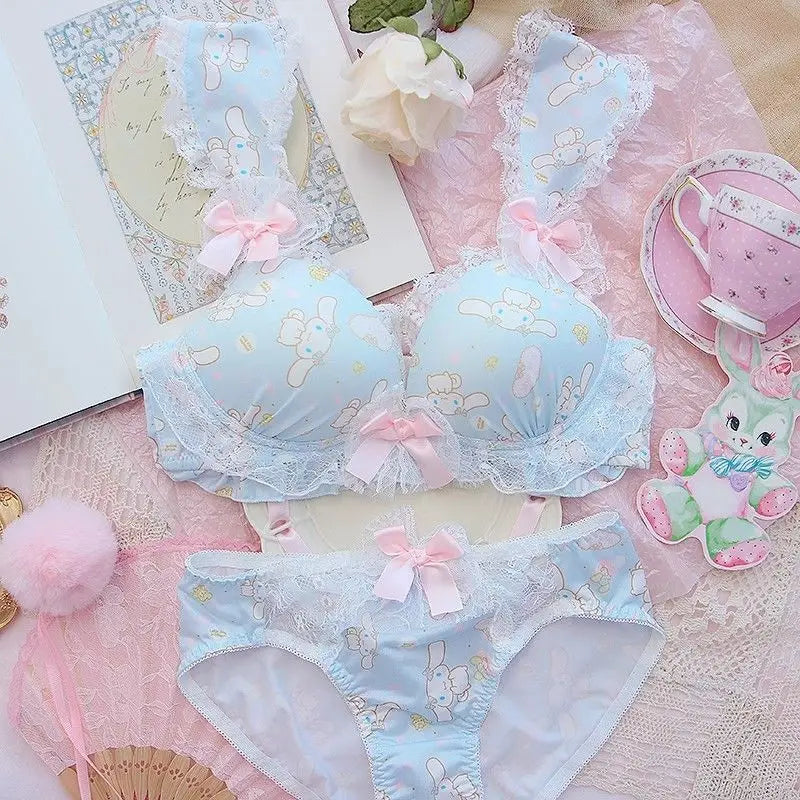 Women Bra Panties Set Cartoon Sanrios Girl's Wireless Lace Bra