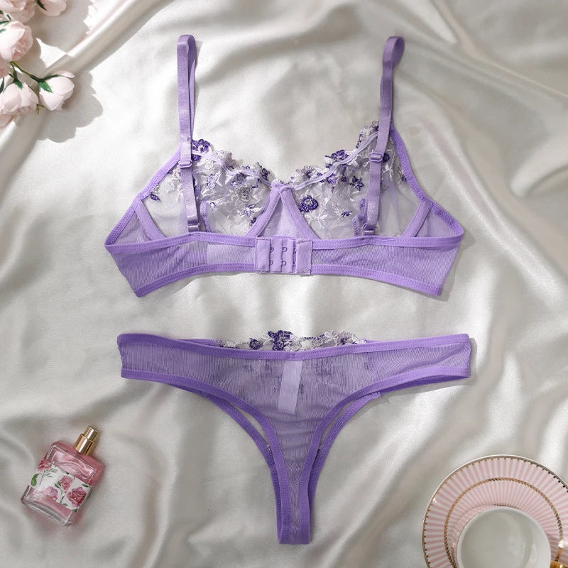 Purple Embroidery Sexy Lingerie Set Hot Semi-Sheer Temptation Bra And Panties Sets