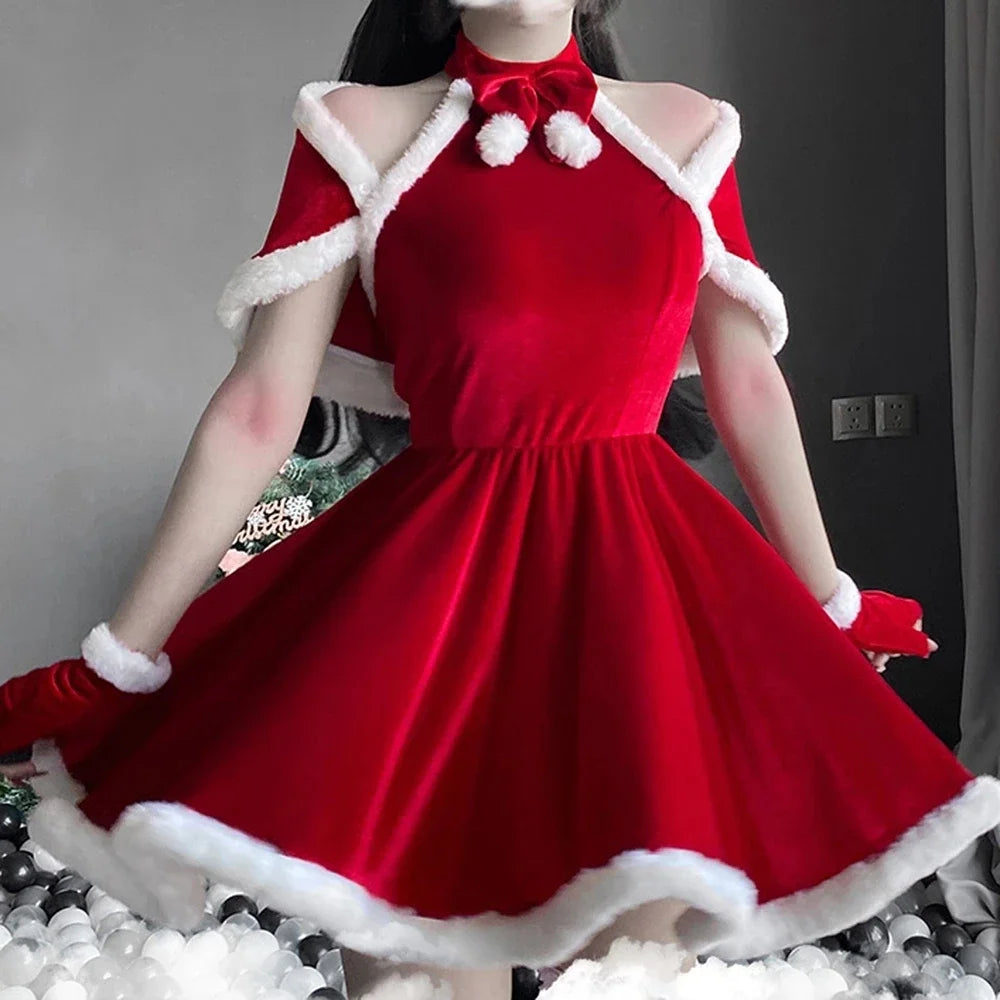 Women Christmas Red Dress Sexy Lady Santa Claus Cosplay Costume Sexy Lingerie Winter Red Dress Bunny Cosplay Girls Uniform