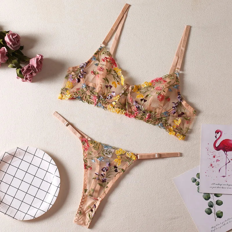 Bra and Briefs Sets Lace Flower Embroidery