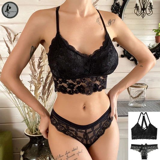 Backless Lace Hollow Deep V Push Up Bra and Lace Thong Set