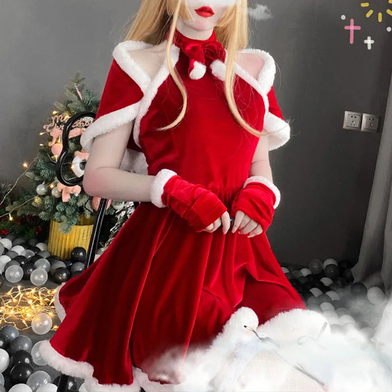 Women Christmas Red Dress Sexy Lady Santa Claus Cosplay Costume Sexy Lingerie Winter Red Dress Bunny Cosplay Girls Uniform