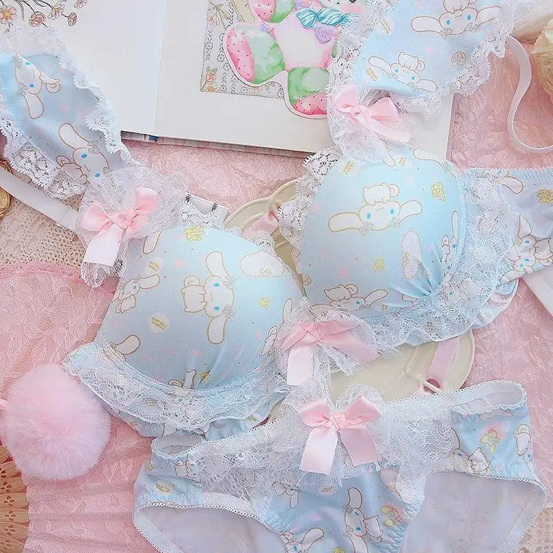 Women Bra Panties Set Cartoon Sanrios Girl's Wireless Lace Bra