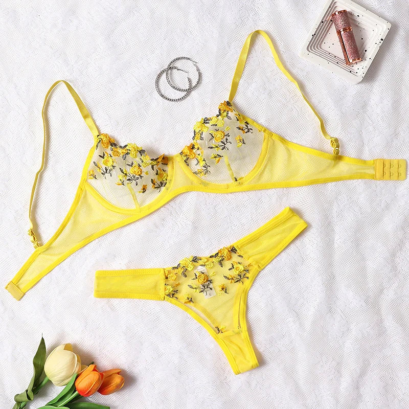Transparent Mesh Embroidery See-through Temptation Bra And Panties Sets