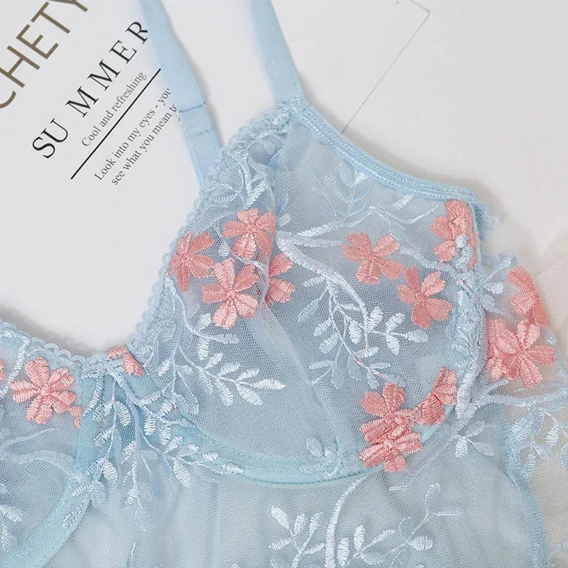 Blue Floral Embroidery Bra and Panty Set