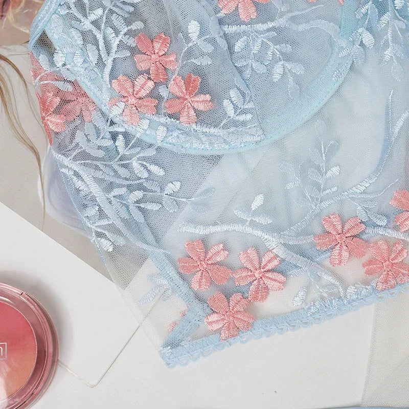 Blue Floral Embroidery Bra and Panty Set