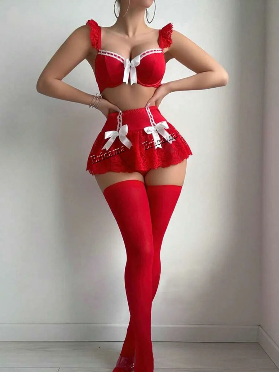 Sexy Maid Bra And Panty Garters Costume in Black and White or Red and White
