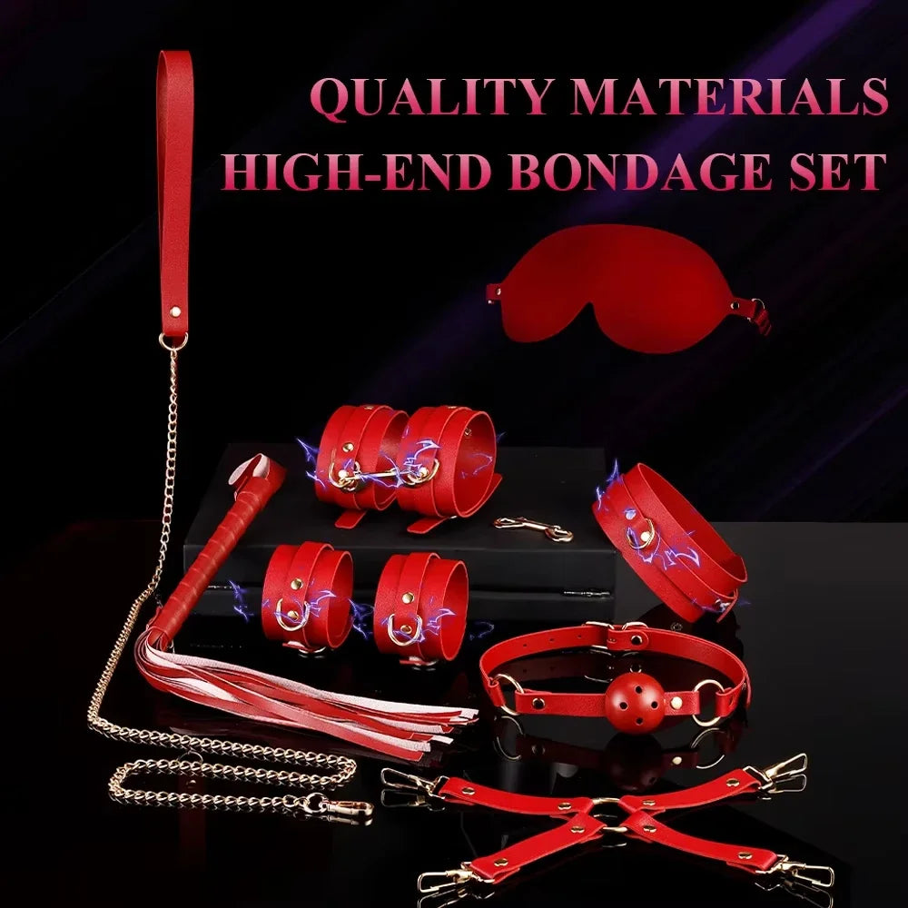 BDSM Bondage Restraints Electric Shock Set Mouth Gag Handcuffs Ankle Cuffs Collar Eyepatch Whip Bondage Ties Kits Adult Sex Toys