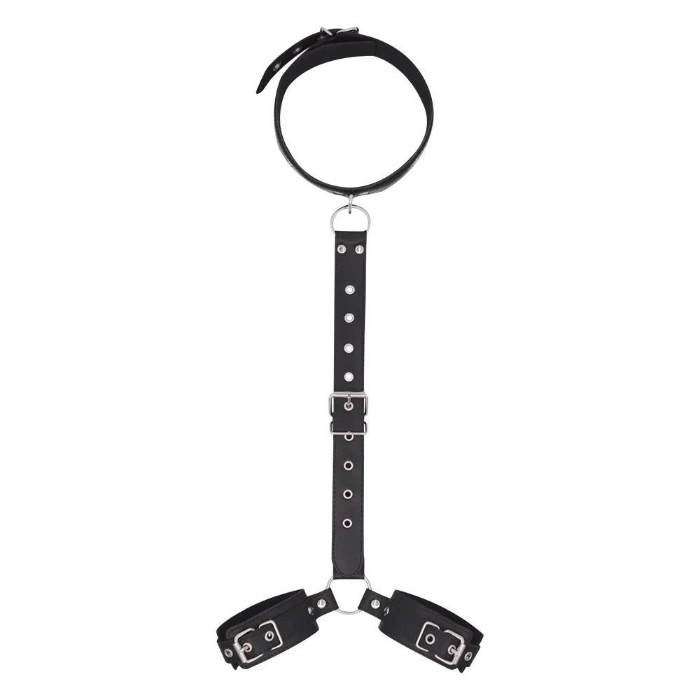 PU Leather Behind Back Hand Cuff SM Collar BDSM Bondage Restraints Slave Training Hand Binding SM Toys For Couple Games