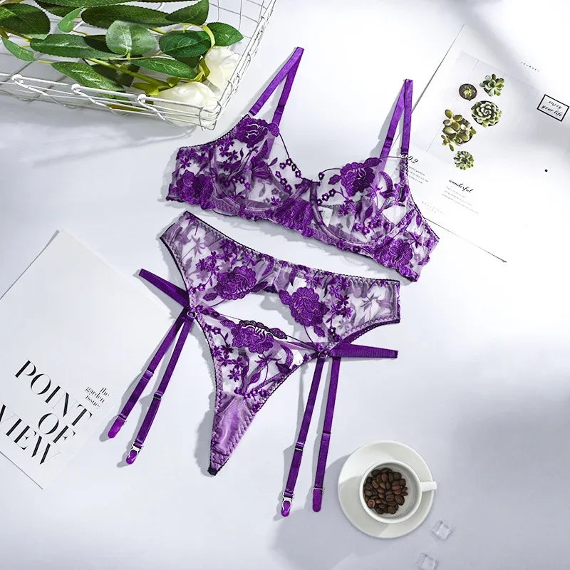 Floral Lace Open Cup Bra & Thong Set - 3 Piece Sheer Embroidery Underwear
