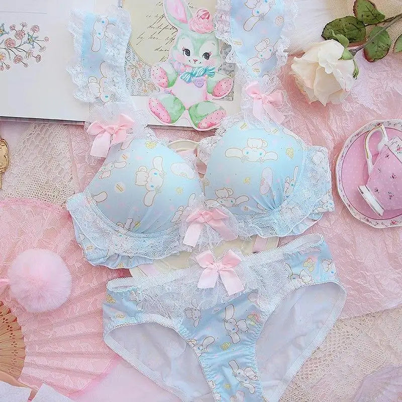 Women Bra Panties Set Cartoon Sanrios Girl's Wireless Lace Bra