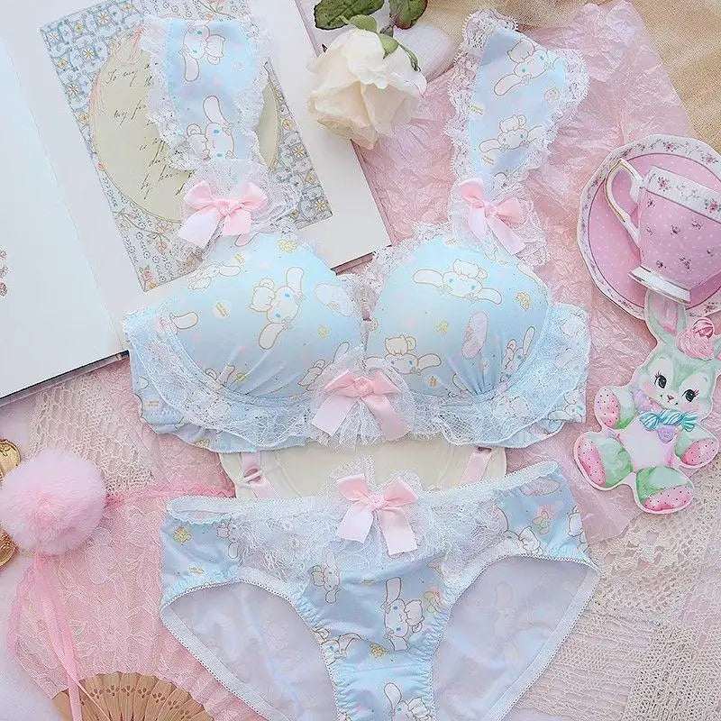Women Bra Panties Set Cartoon Sanrios Girl's Wireless Lace Bra