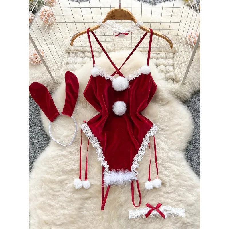 Faux Fur and Velvet Sexy Bunny Lingerie Outfit