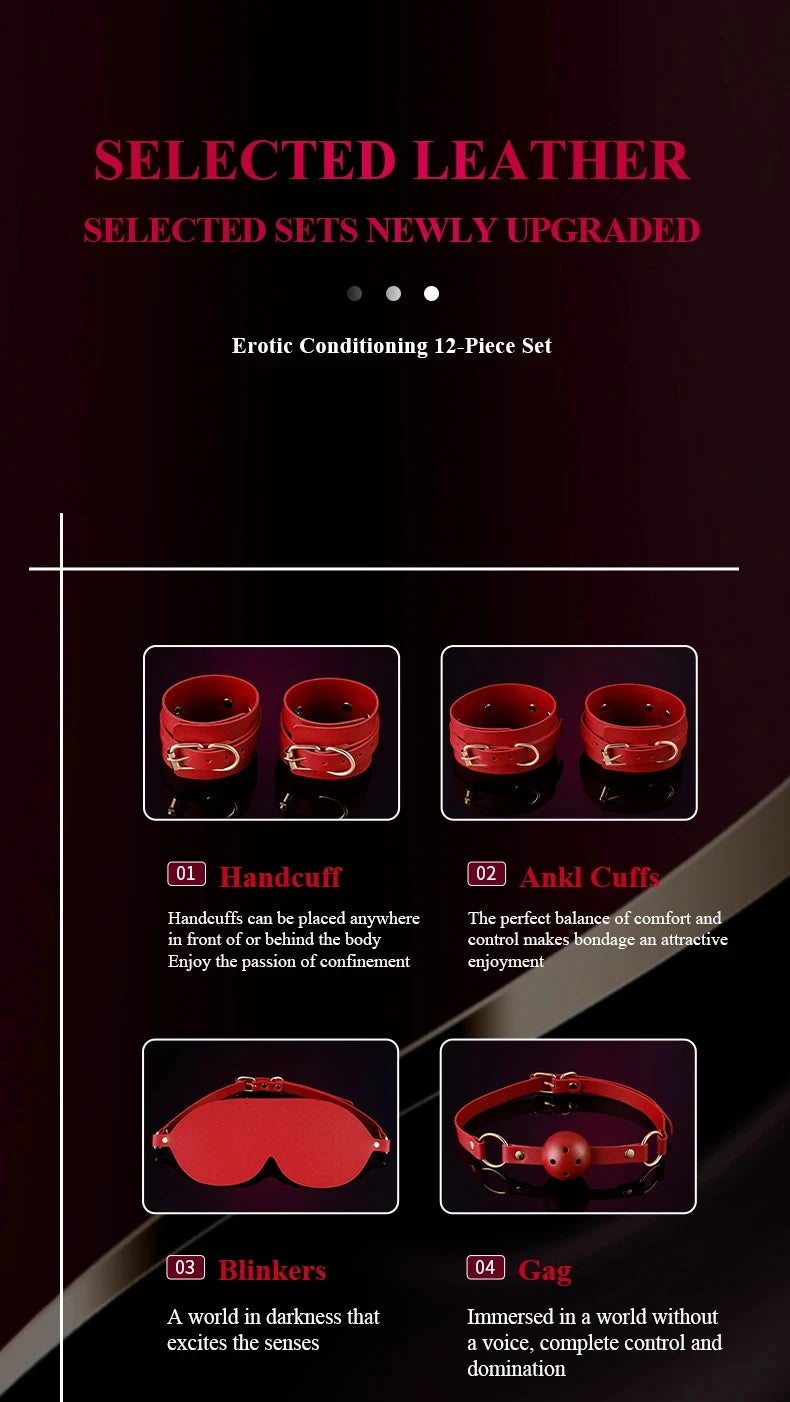 BDSM Bondage Restraints Electric Shock Set Mouth Gag Handcuffs Ankle Cuffs Collar Eyepatch Whip Bondage Ties Kits Adult Sex Toys