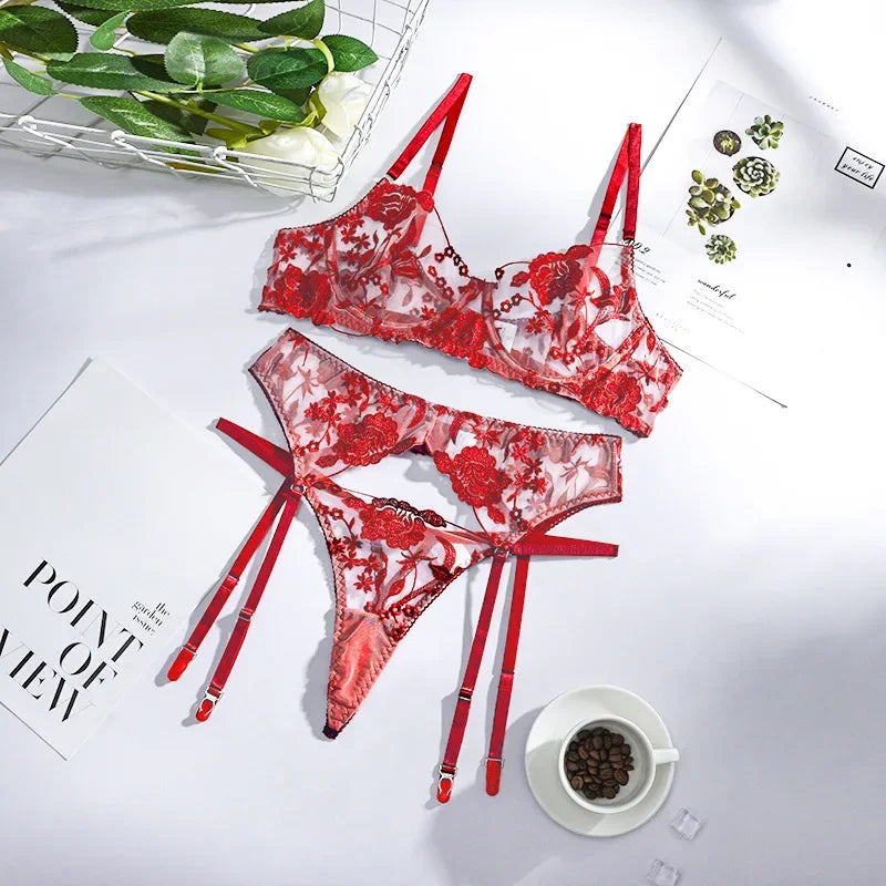 Floral Lace Open Cup Bra & Thong Set - 3 Piece Sheer Embroidery Underwear