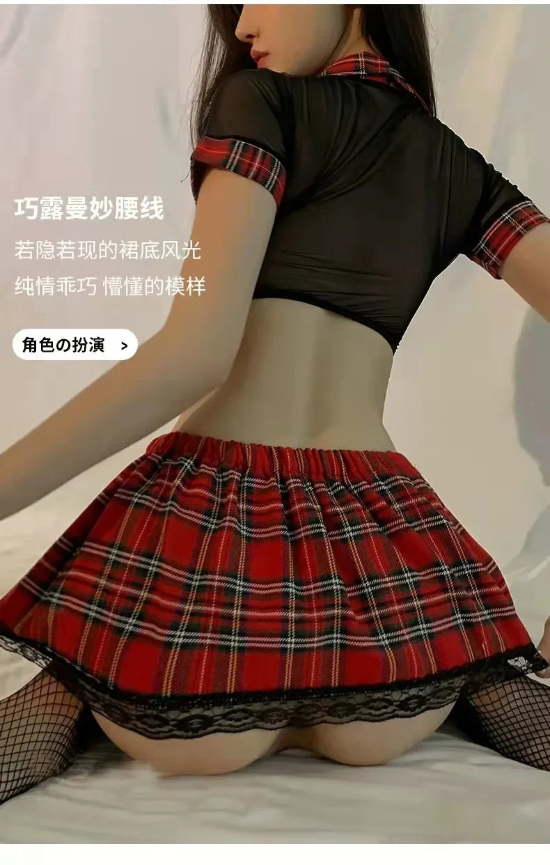 Sexy Cosplay Lingerie School Student Uniform Role Play Costume Women Cute Mini Skirt Tight Blouse Set Porn College Girl Shirts