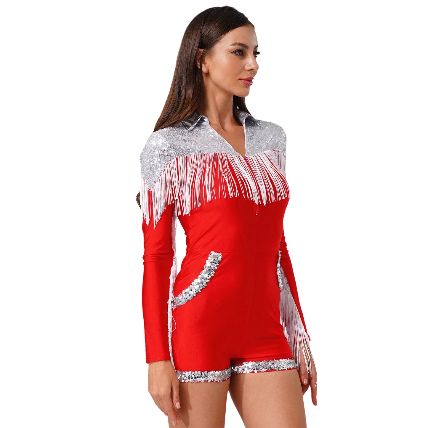 Womens Sparkly Western Cowgirl Cosplay Costume 70s 80s DiscoBodysuit Playsuit Front Zip Tassel Fringe Sequins Boyshorts Rompers