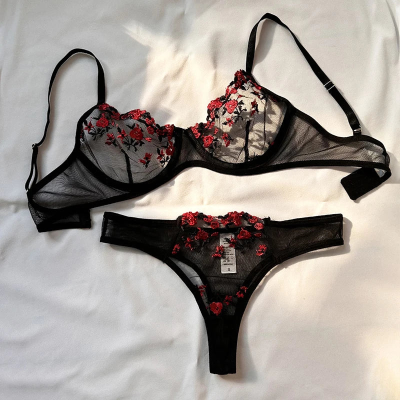 Transparent Mesh Embroidery See-through Temptation Bra And Panties Sets
