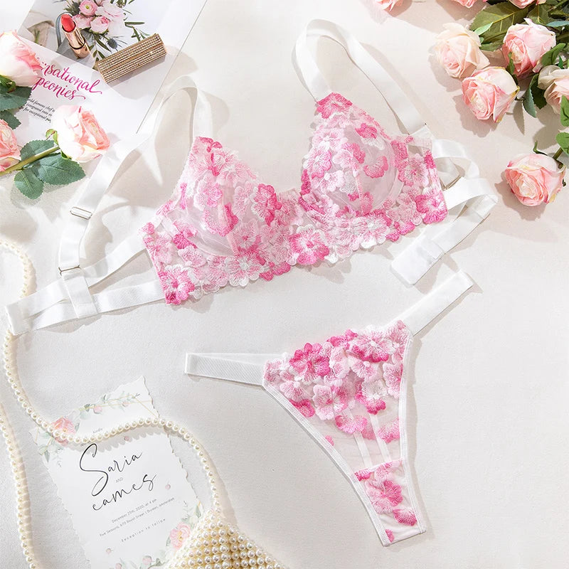 Bra and Briefs Sets Lace Flower Embroidery