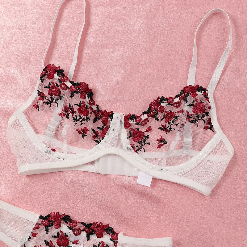 Transparent Mesh Embroidery See-through Temptation Bra And Panties Sets