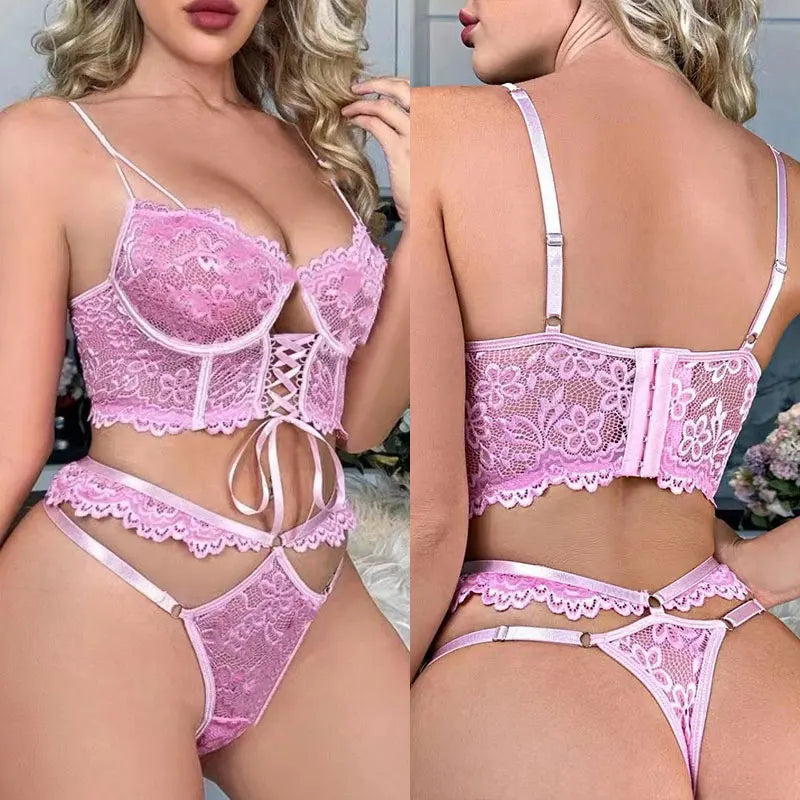 Lingerie Black Lace Bra & Brief Set - Sensual See-Through with Floral Accents