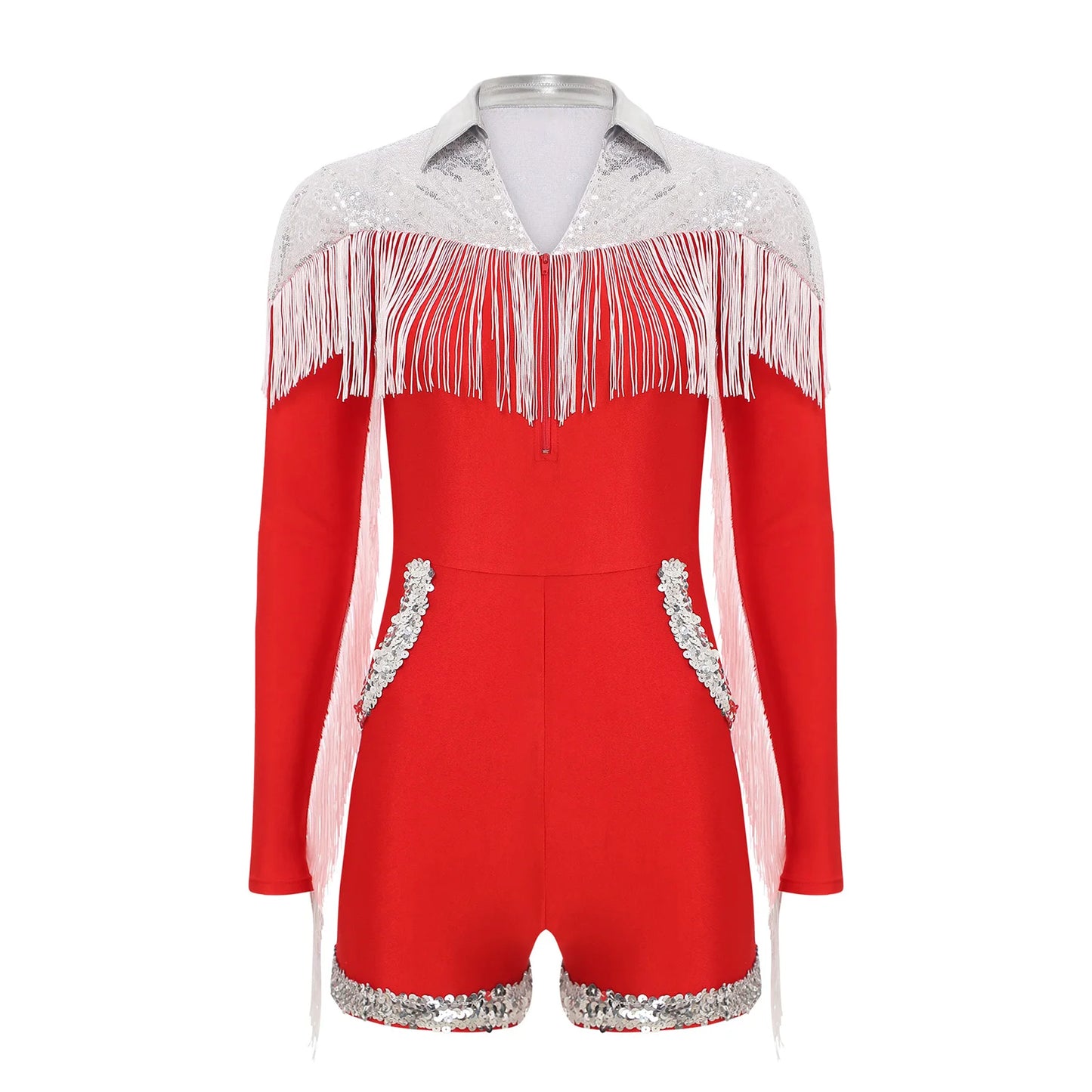 Womens Sparkly Western Cowgirl Cosplay Costume 70s 80s DiscoBodysuit Playsuit Front Zip Tassel Fringe Sequins Boyshorts Rompers