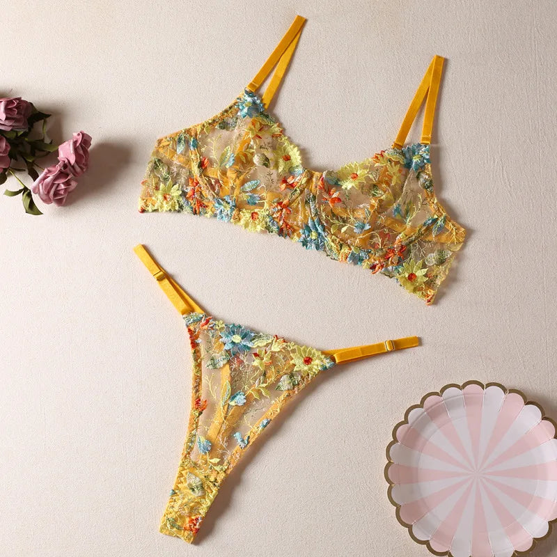 Bra and Briefs Sets Lace Flower Embroidery