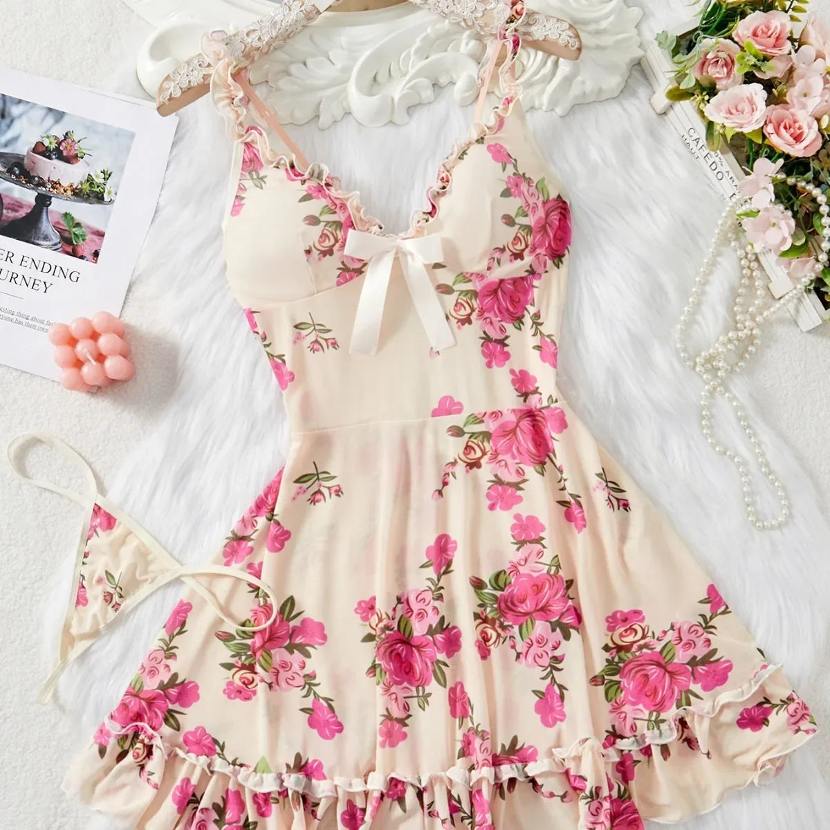 Lace Ruffle Trim Lingerie Set Deep V Slip Dress Thongs Plus Size Floral Bow Bra