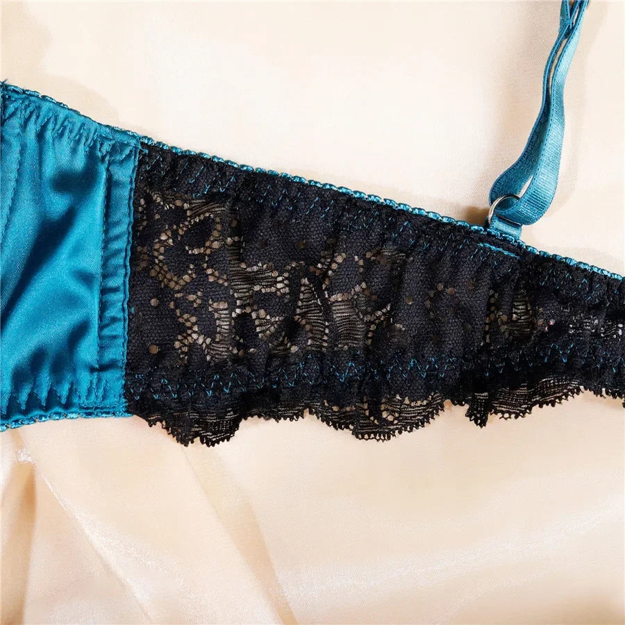 Patchwork Bra Brief Sets Navy Blue Lace Underwear